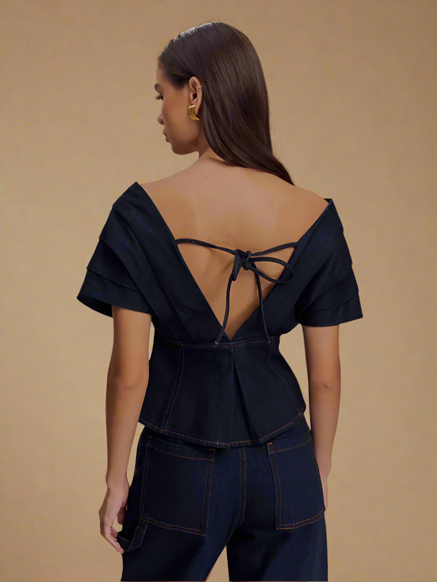 Deep V-neck Denim Two Piece Suit