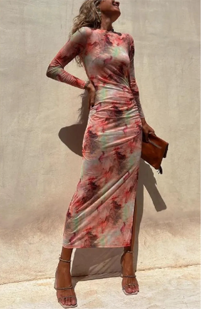 Tie Dye Printed Mesh Long Dress
