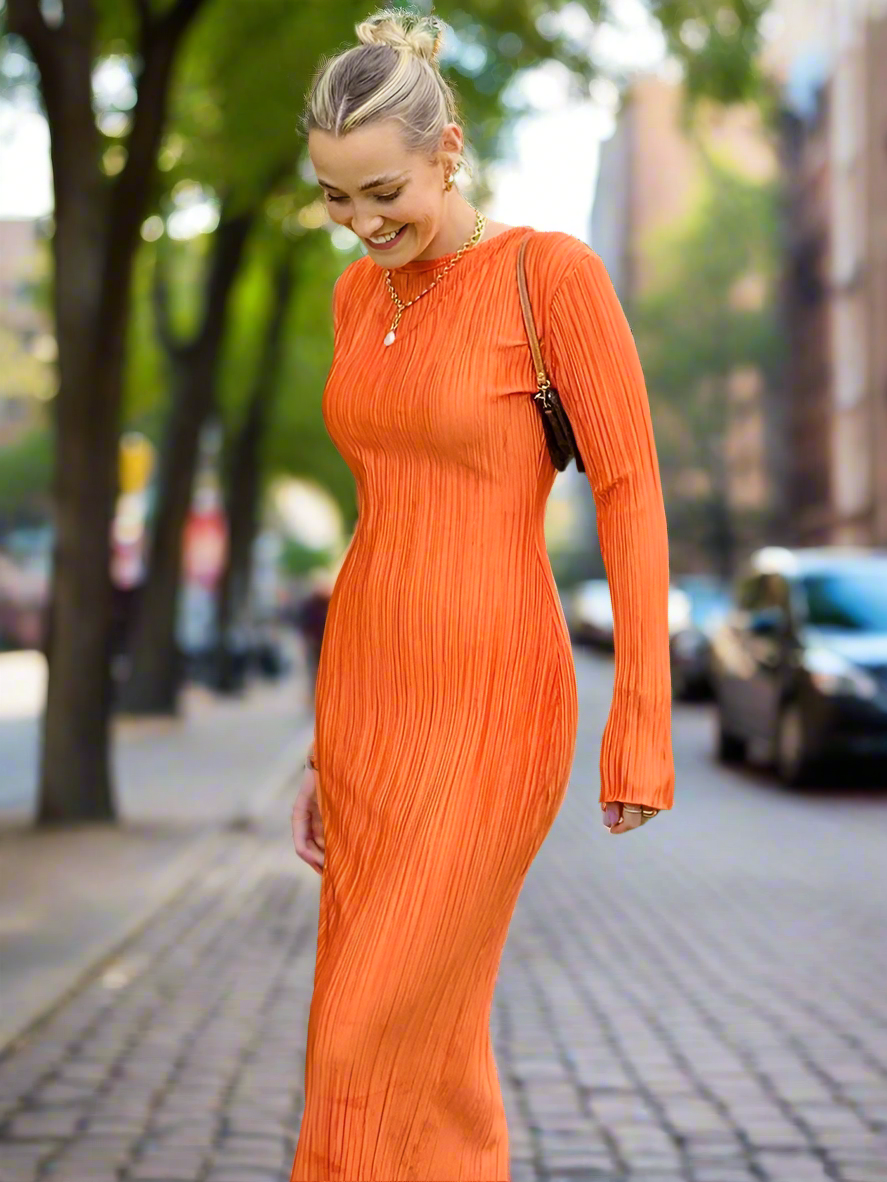 Ribbed Solid Long Sleeve Maxi Dress