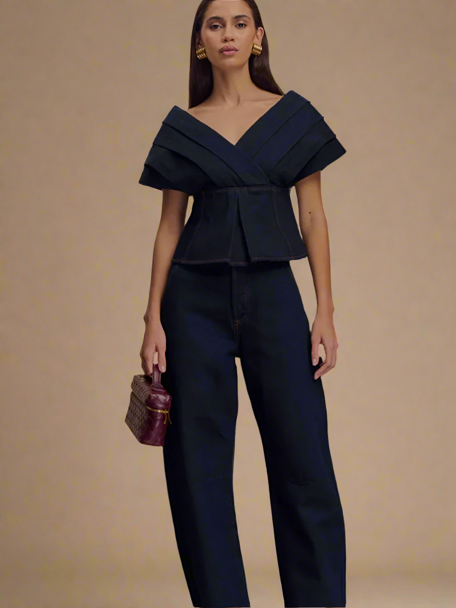 Deep V-neck Denim Two Piece Suit