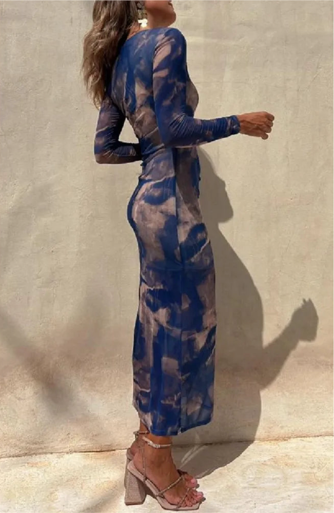 Tie Dye Printed Mesh Long Dress