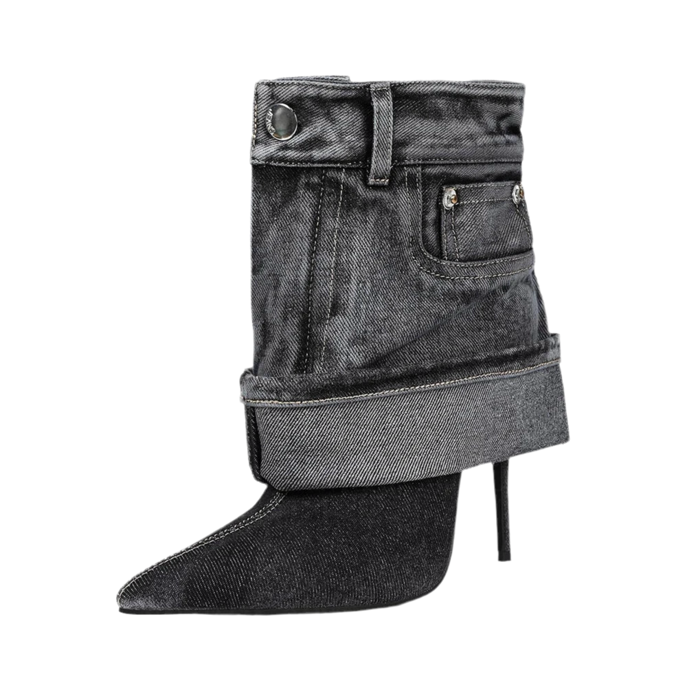 Pointed Toe Stiletto Western Handmade Denim Boots Women Black Blue Denim