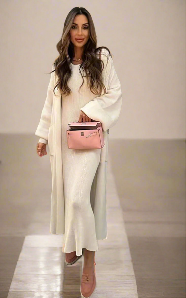 Solid Color Knitted Long Sleeved Loose Cardigan Casual Two-Piece Set