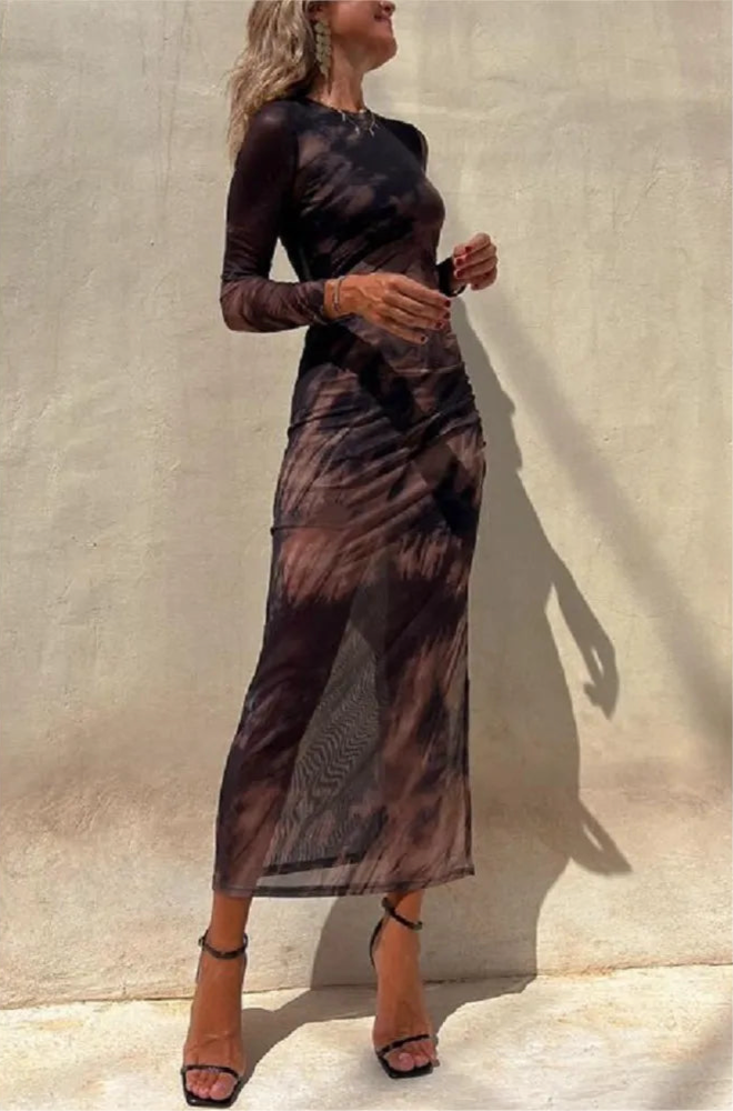 Tie Dye Printed Mesh Long Dress