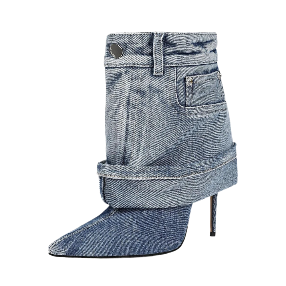 Pointed Toe Stiletto Western Handmade Denim Boots Women Black Blue Denim
