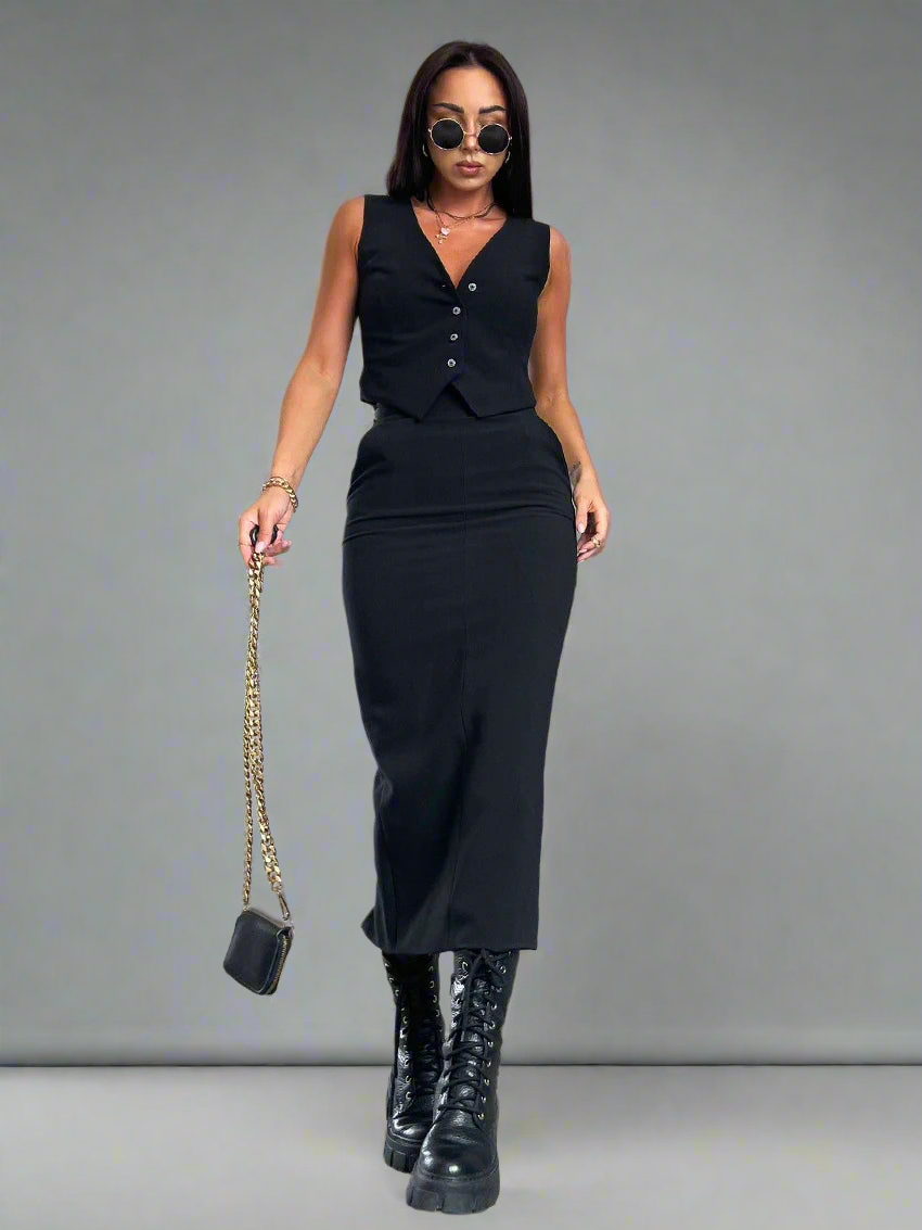 2 Piece Sleeveless Tank Top With High Waist Long Skirt Set