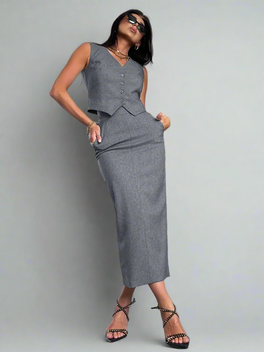 2 Piece Sleeveless Tank Top With High Waist Long Skirt Set