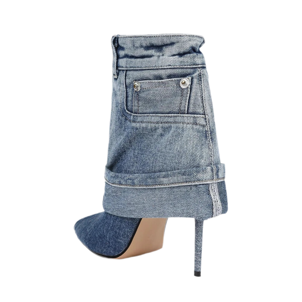 Pointed Toe Stiletto Western Handmade Denim Boots Women Black Blue Denim