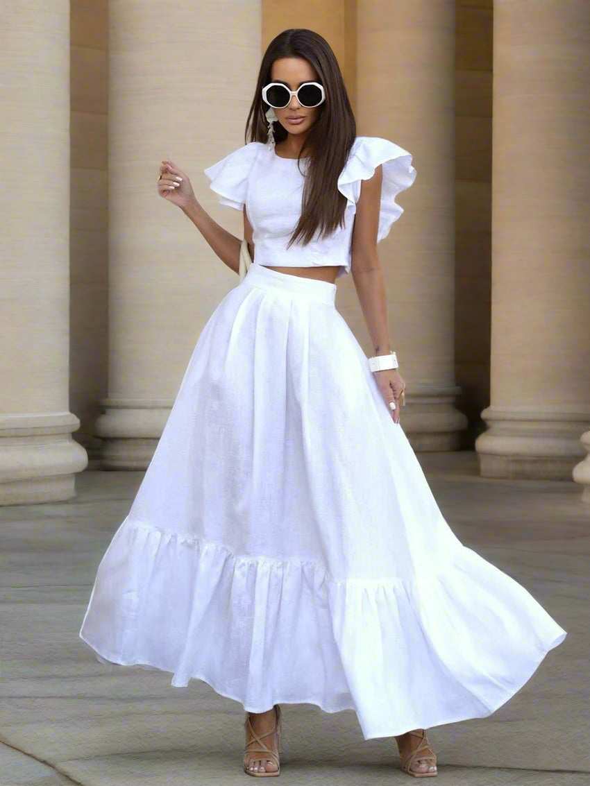 White Linen 2 Piece Ruffle Dress Set