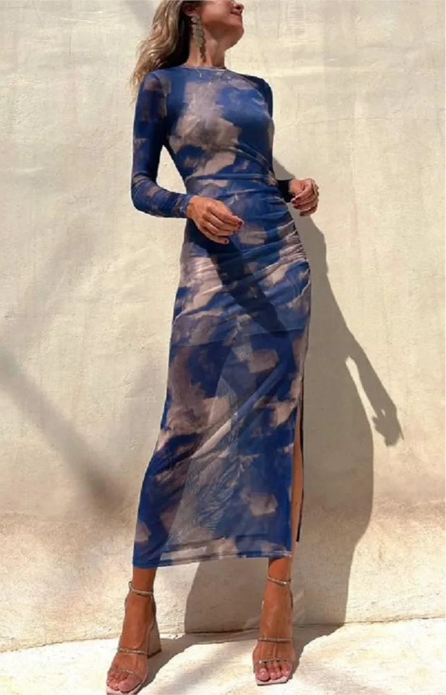 Tie Dye Printed Mesh Long Dress