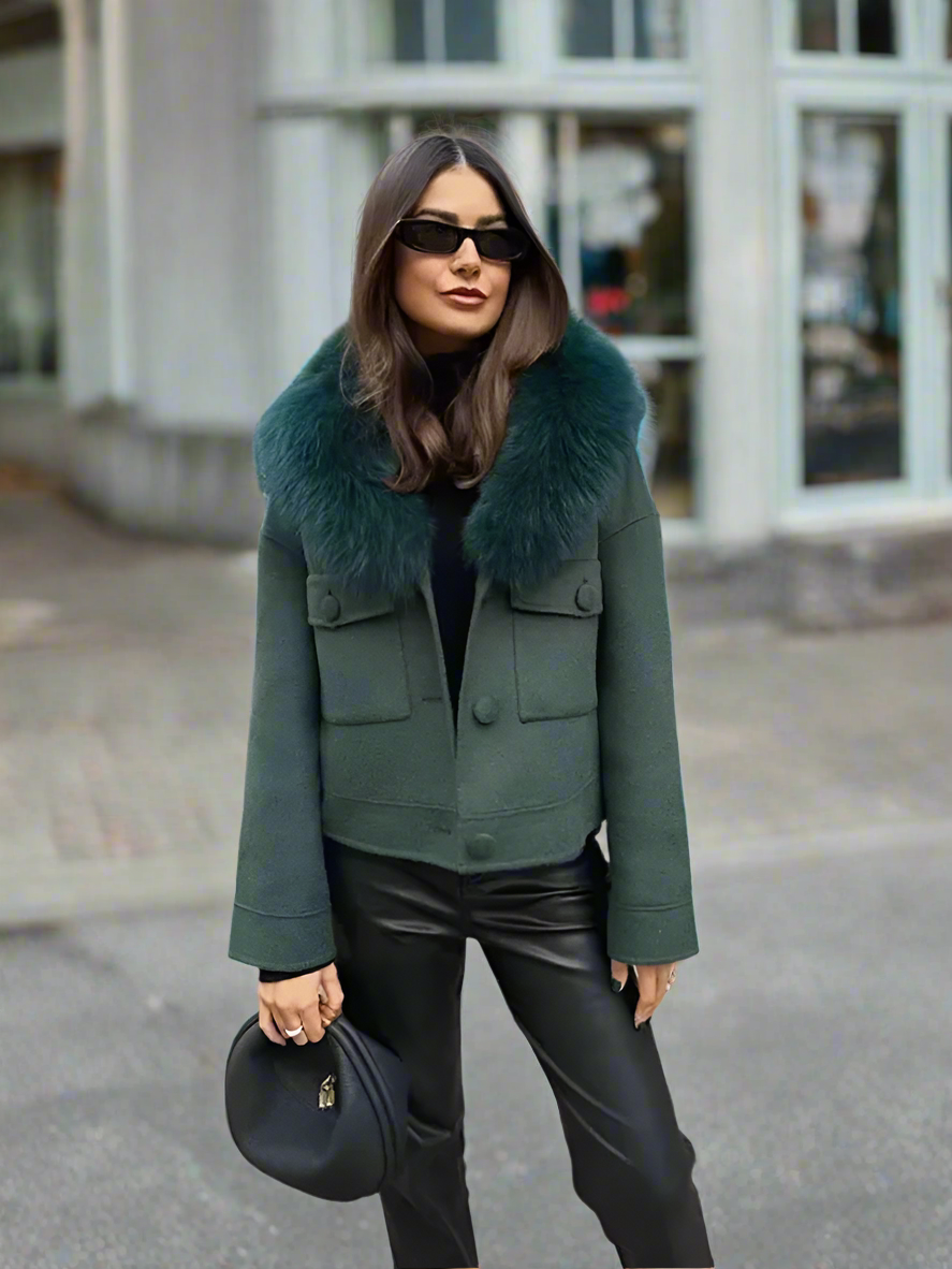 Retro Green Faux Fur Collar Women’s Jacket