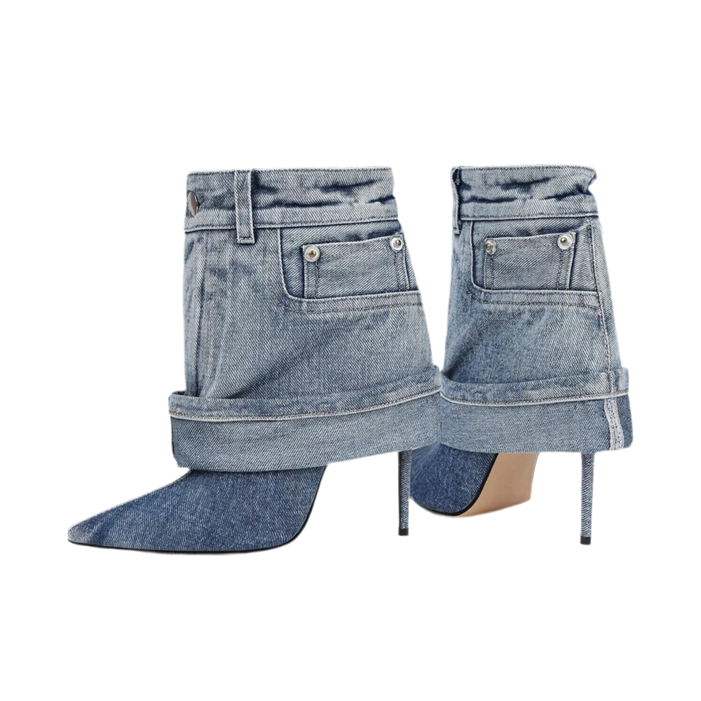 Pointed Toe Stiletto Western Handmade Denim Boots Women Black Blue Denim