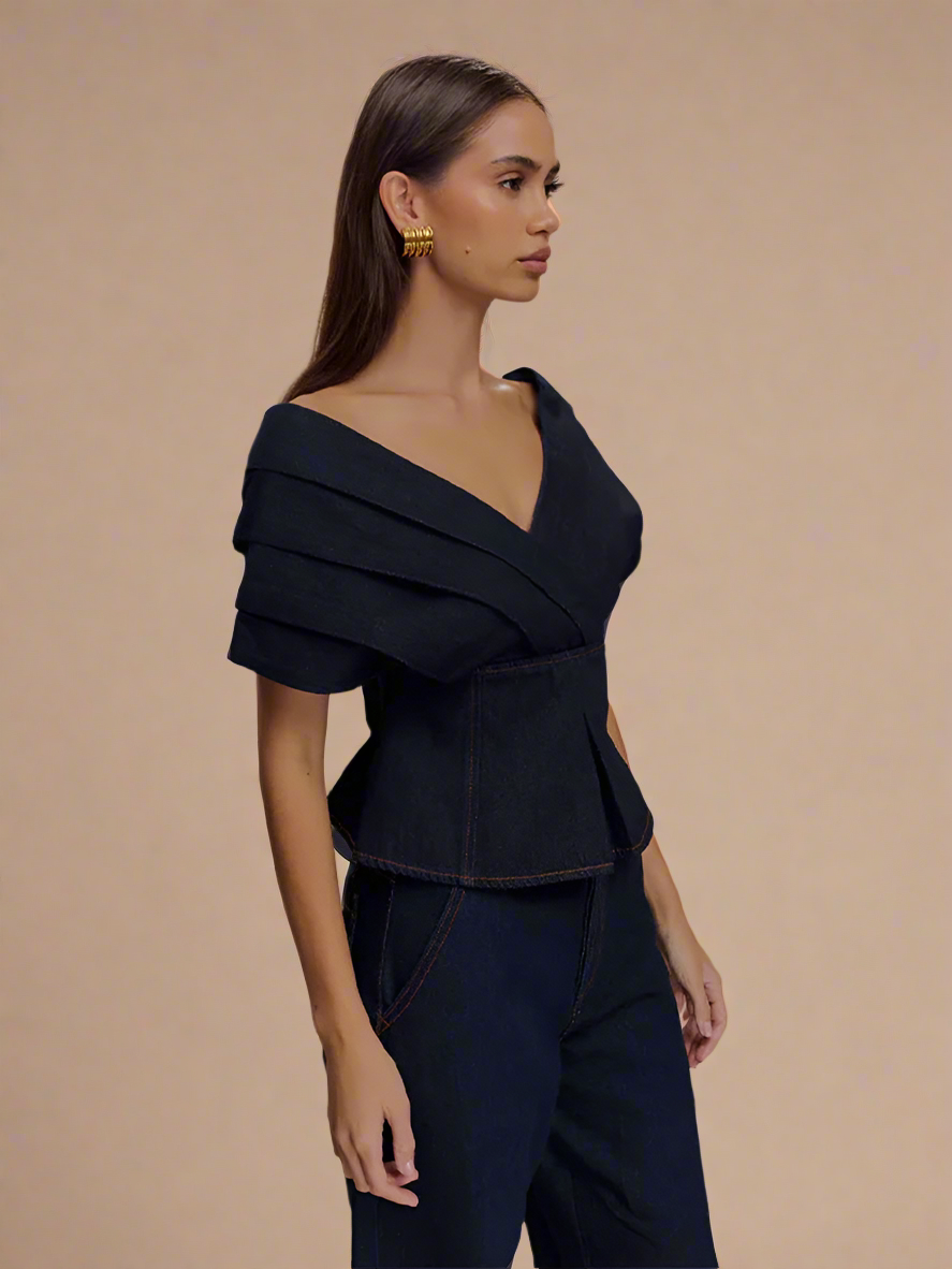 Deep V-neck Denim Two Piece Suit