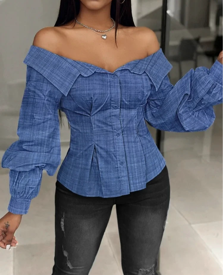 Women Lantern Sleeve Off Shoulder Top