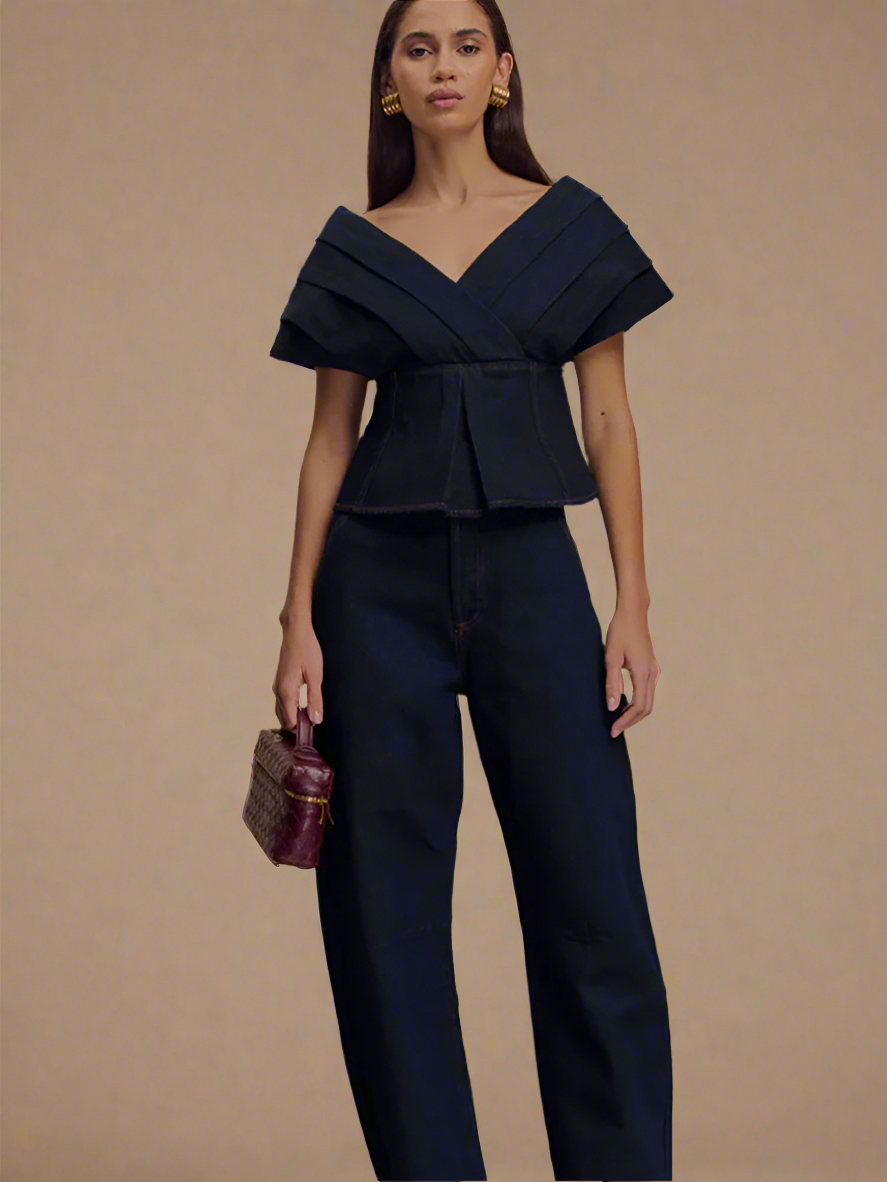 Deep V-neck Denim Two Piece Suit