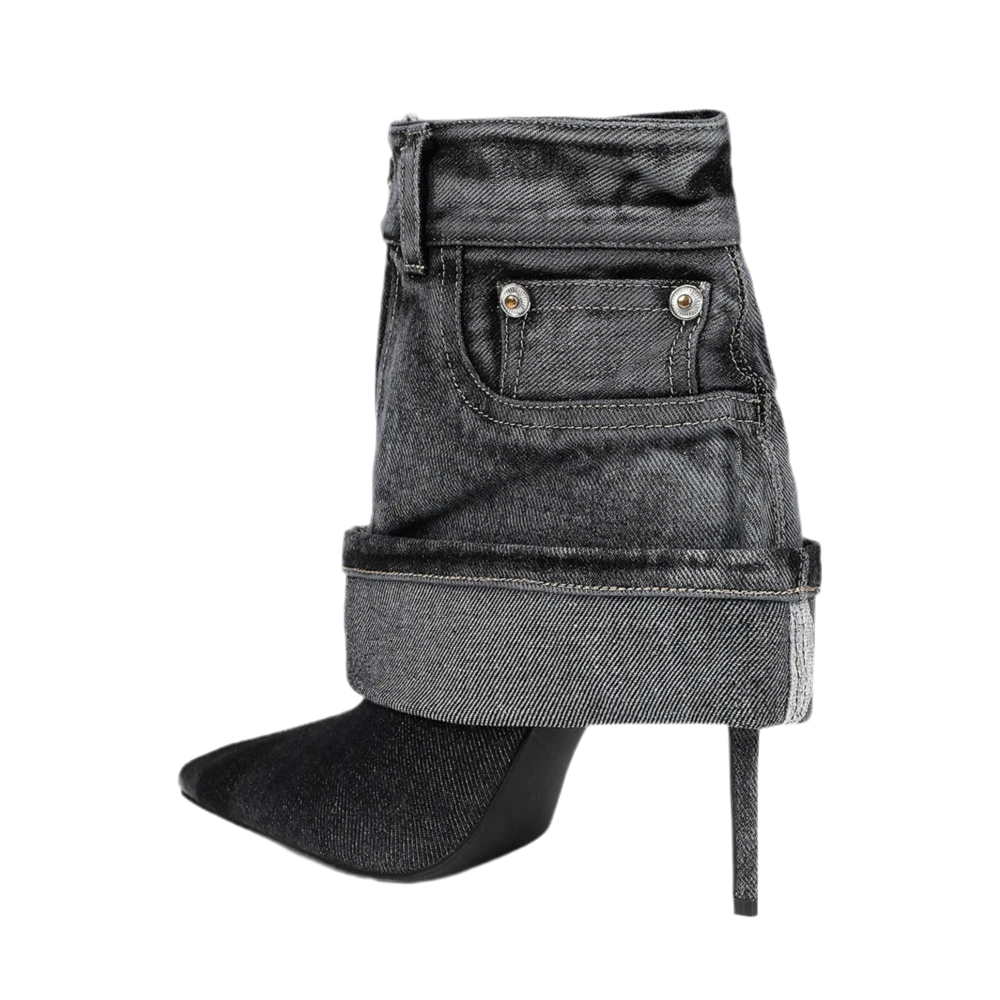 Pointed Toe Stiletto Western Handmade Denim Boots Women Black Blue Denim