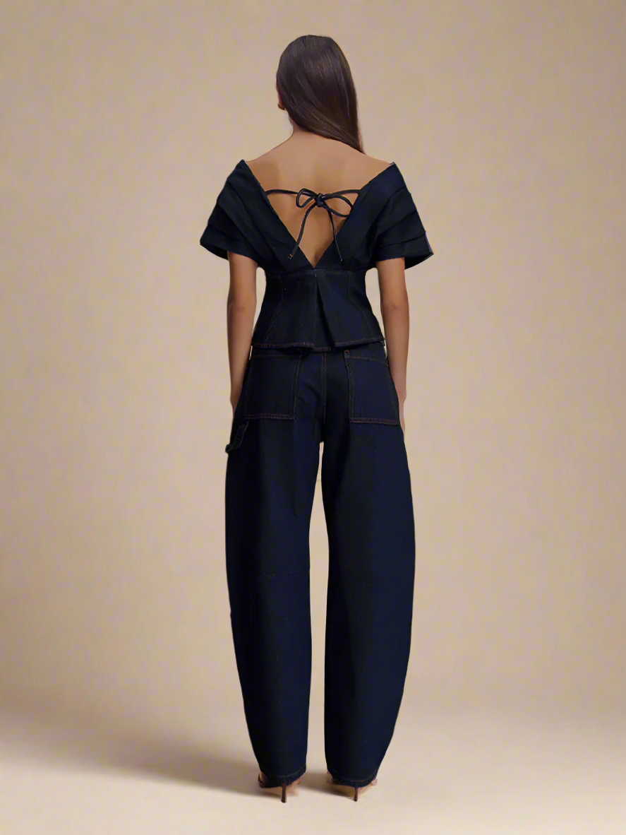 Deep V-neck Denim Two Piece Suit