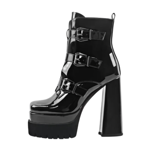 Square Toe Double Platform Patent Leather Boots