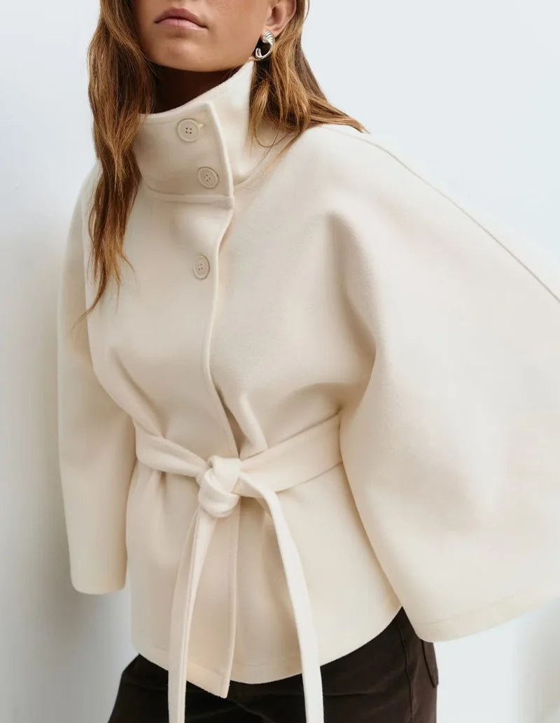 White Cape Stand Collar  Belted Coat
