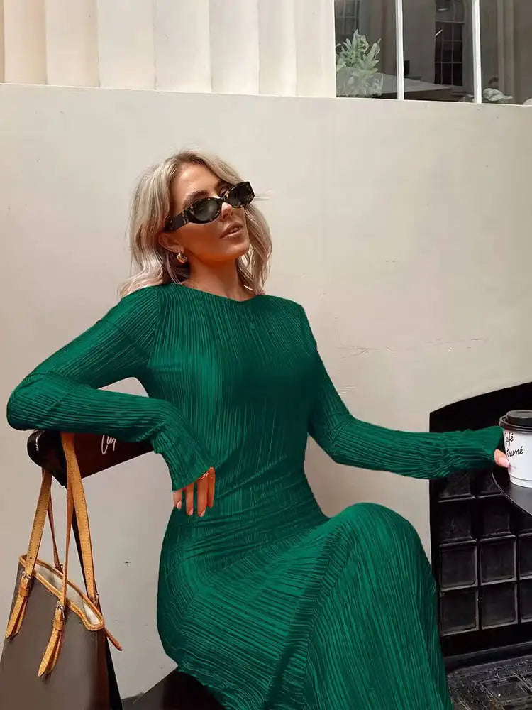 Ribbed Solid Long Sleeve Maxi Dress