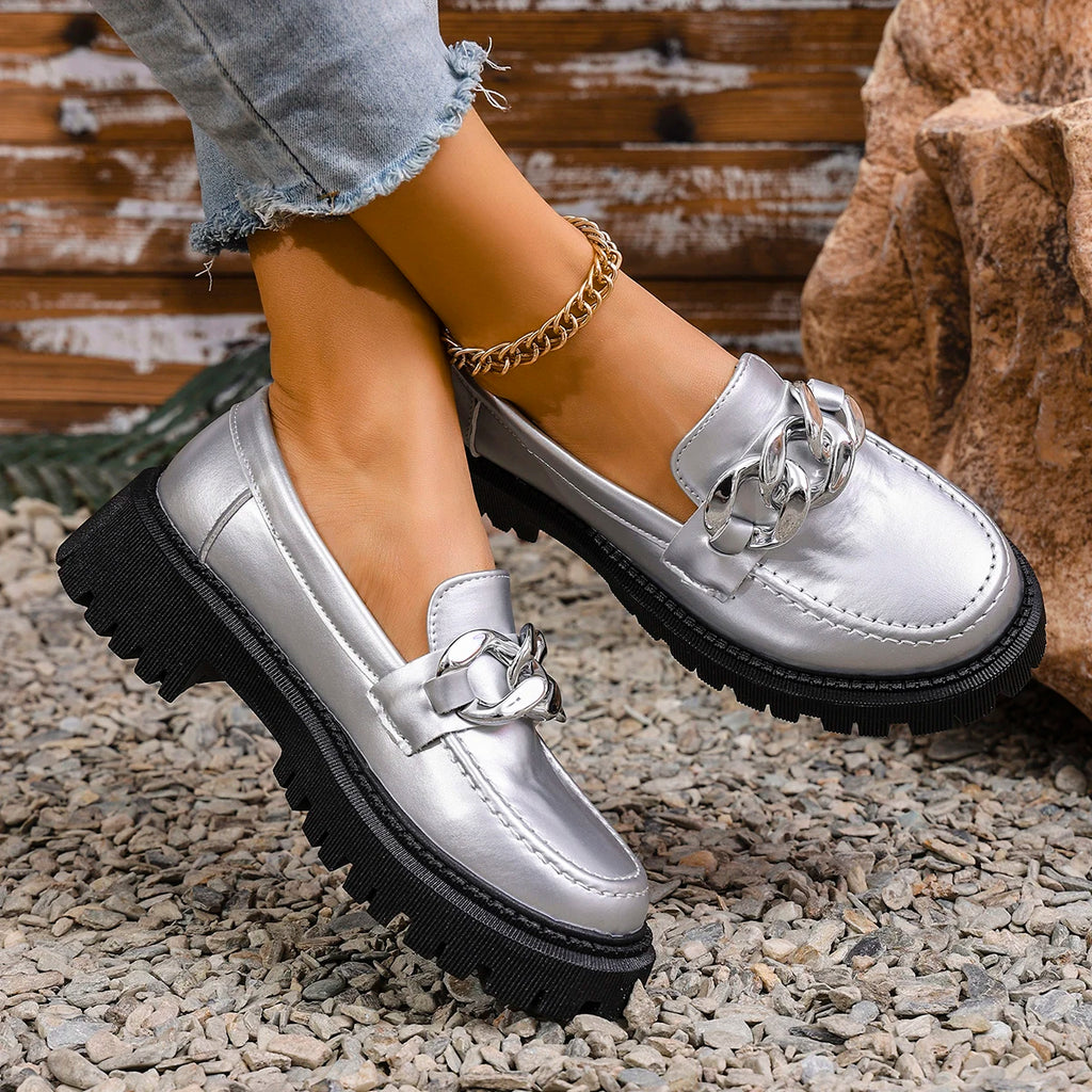 Chain Decor Silver Loafers