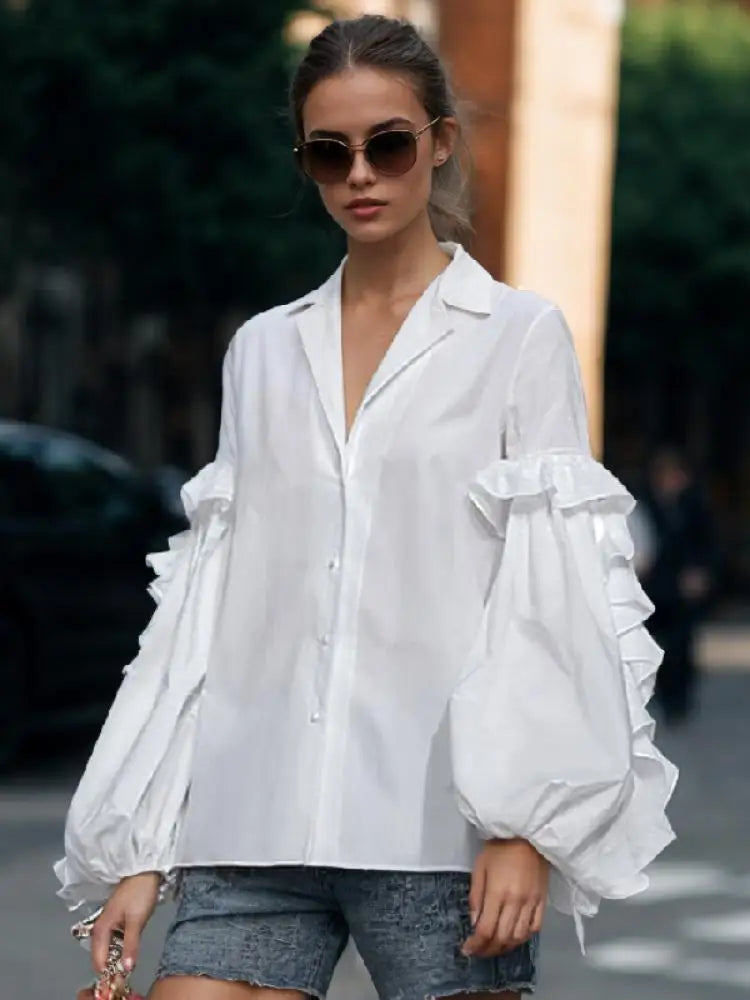 Ruffled Notched Collar Blouse