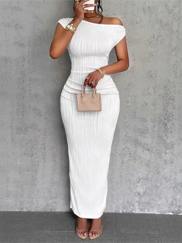 Slanted Shoulder Dress Solid  A-line Collar Mid-Waist Dress