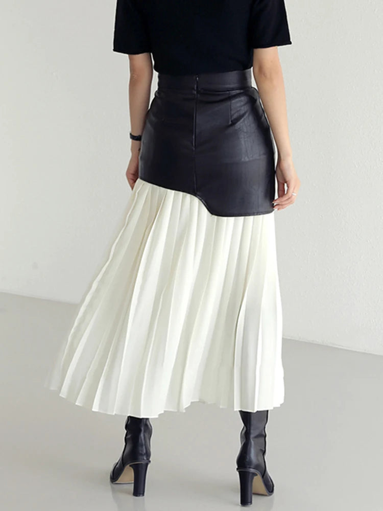 Patchwork Faux Leather Pleated Skirt