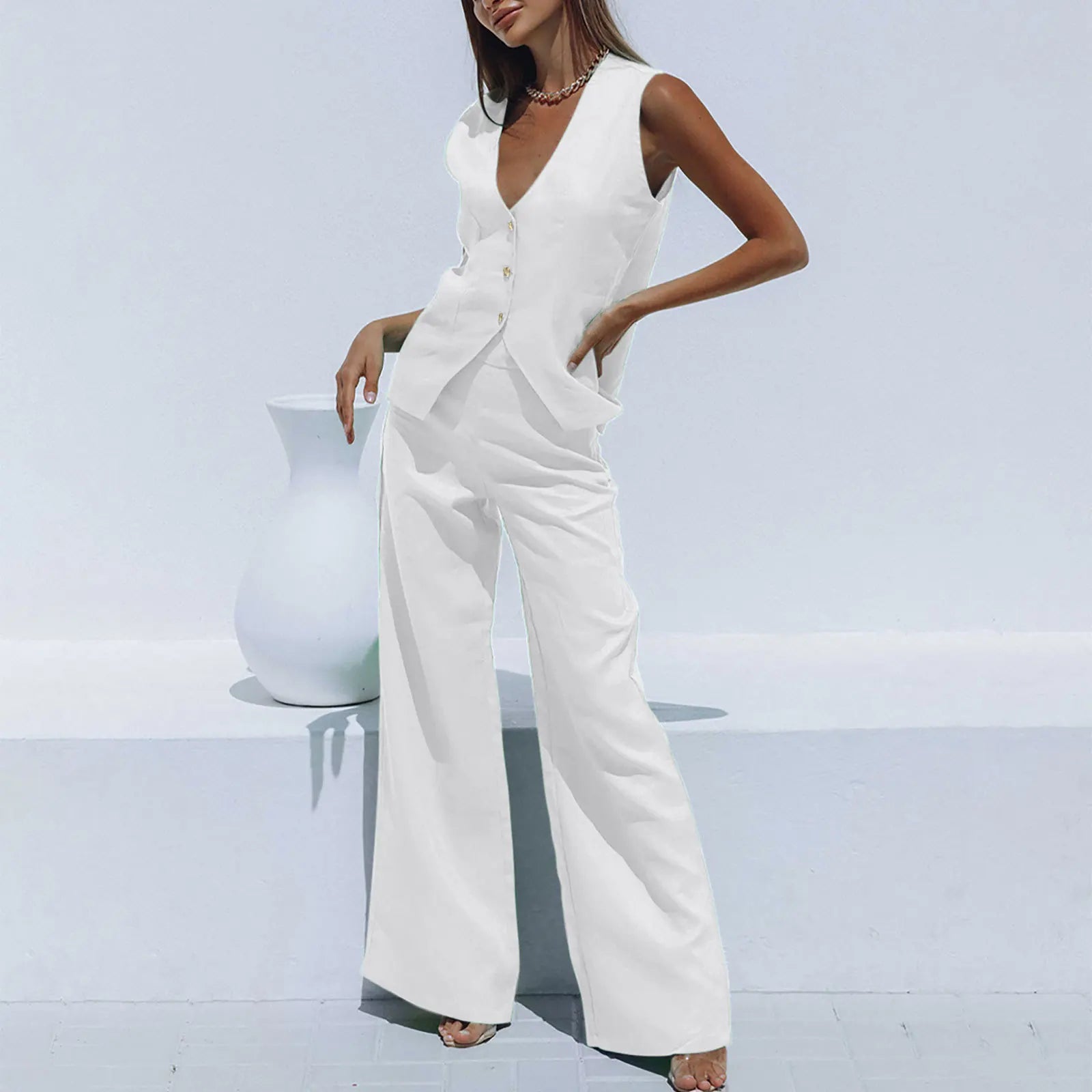 Two Piece V Neck Sleeveless Vest Pants Set