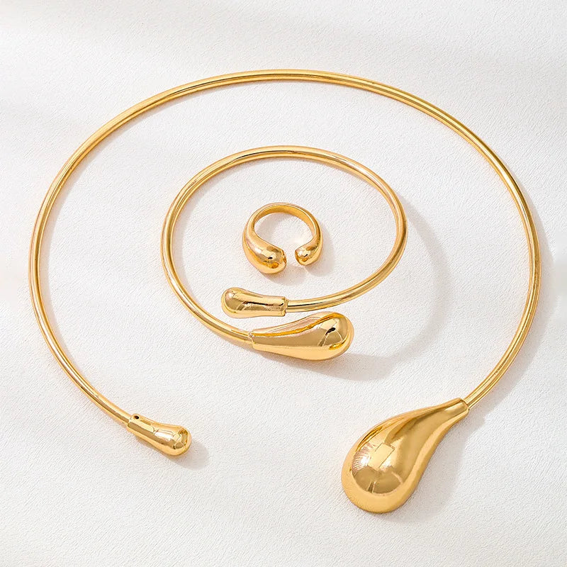 Water Drop Open Torques Choker Necklace Bracelet Ring  Set