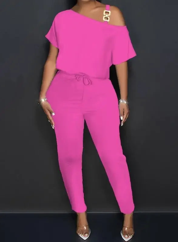 Women Shoulder Chain Drawstring Jumpsuit