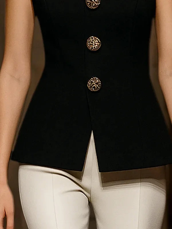 Buttoned Solid Color Sleeveless Shirt
