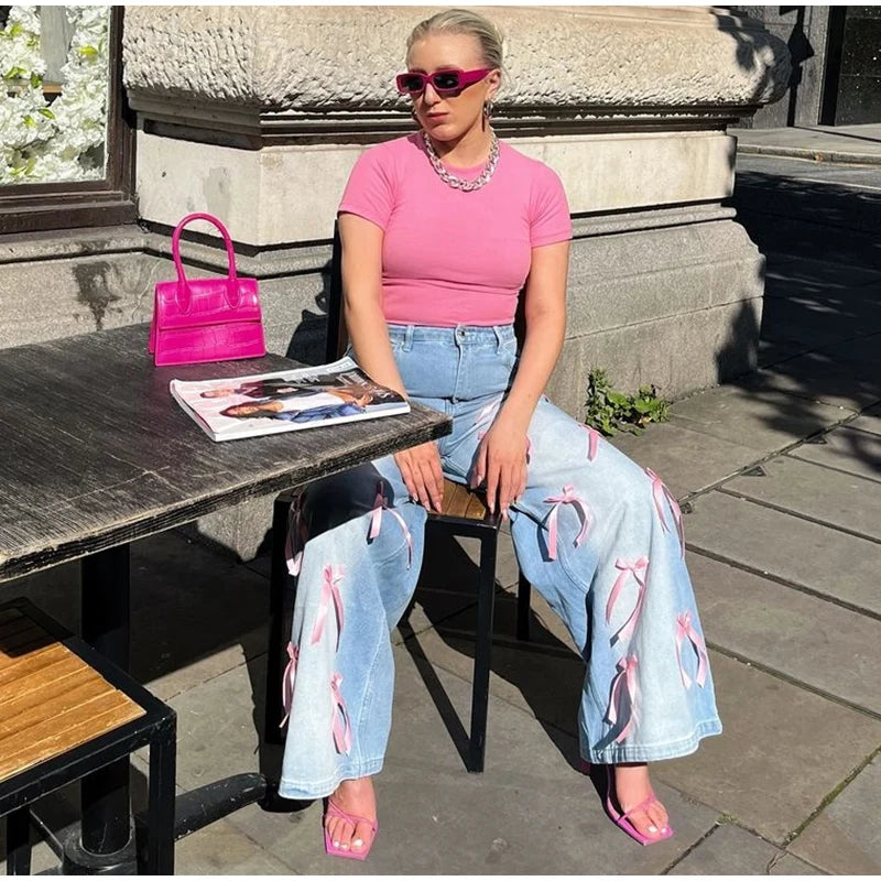 Women Pink Ribbon Wide Leg Denim