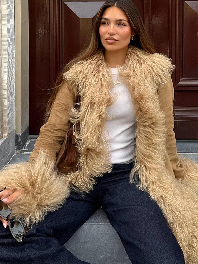 Elegant Faux Fur Patchwork Woolen Coat