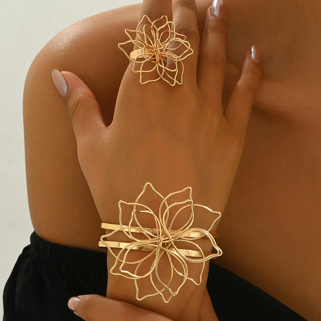 Gold Floral Duo Blossom Bracelet and Ring Set