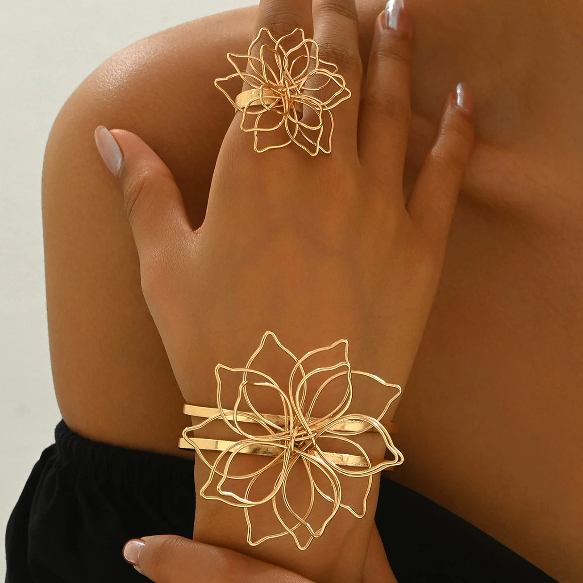 Gold Floral Duo Blossom Bracelet and Ring Set