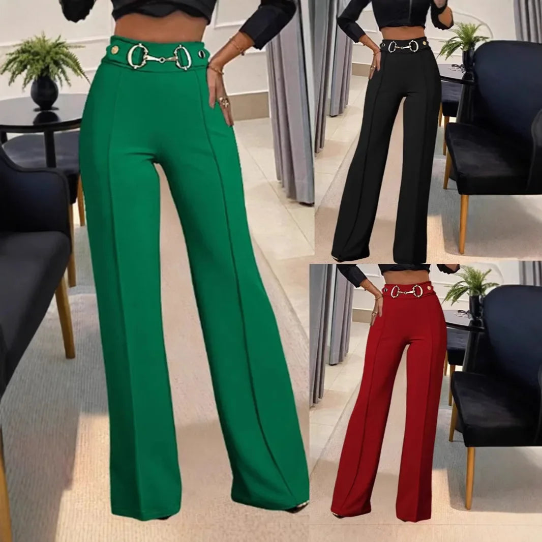 High-Waisted Metal Buckle Women's Straight-Leg Trousers
