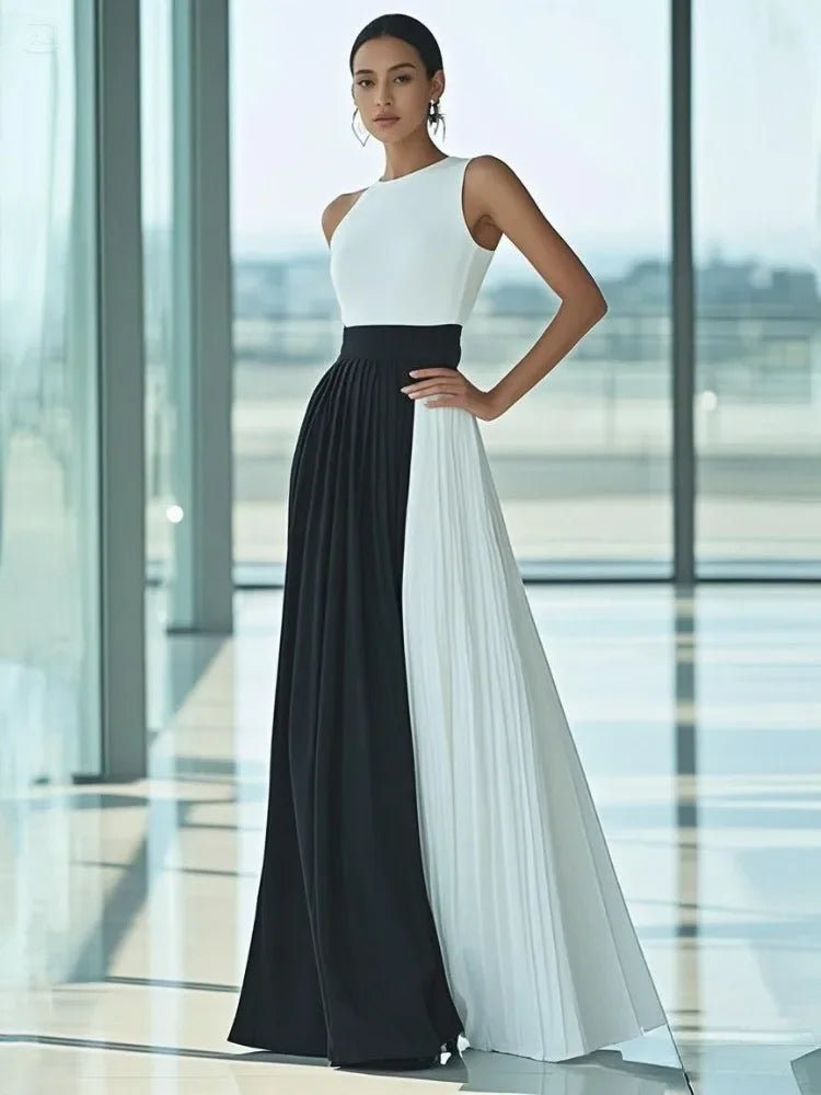 Women High Neck Sleeveless Pleated Maxi Dress