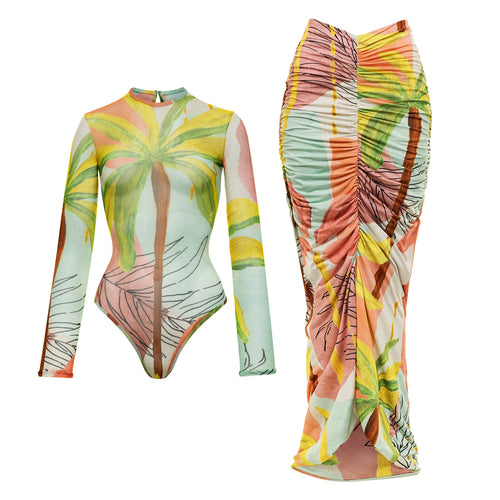 2Pcs Long Sleeve Swimsuit With Skirt