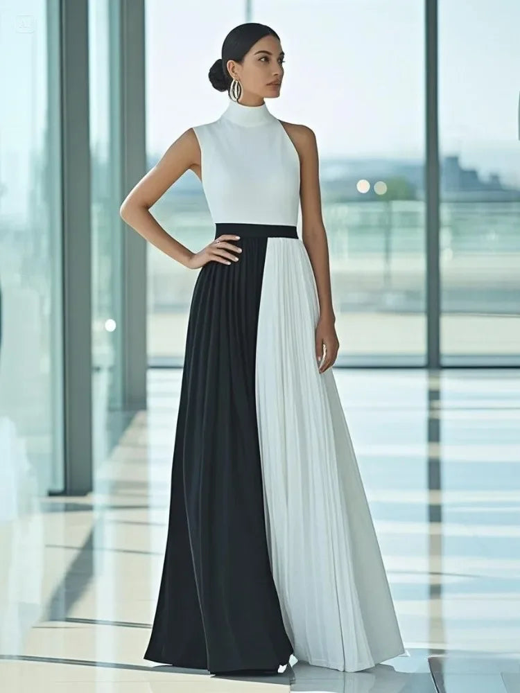 Women High Neck Sleeveless Pleated Maxi Dress