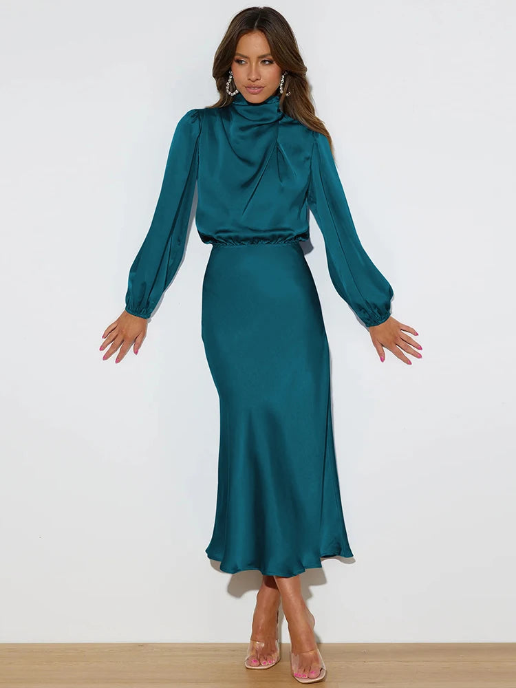 Satin Long Sleeved Evening Dress