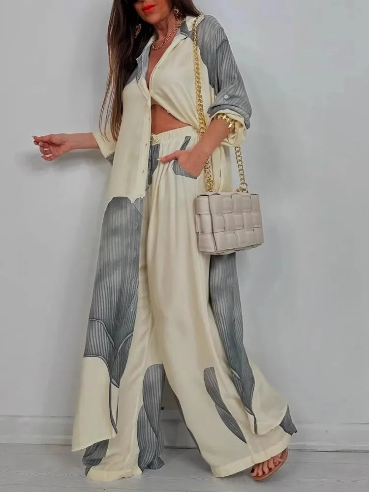 Printed Long Sleeve Loose Two Piece Set