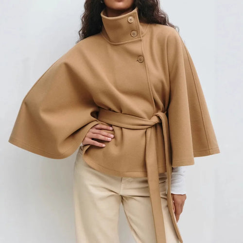 Belted Khaki Cape Stand Collar Coat