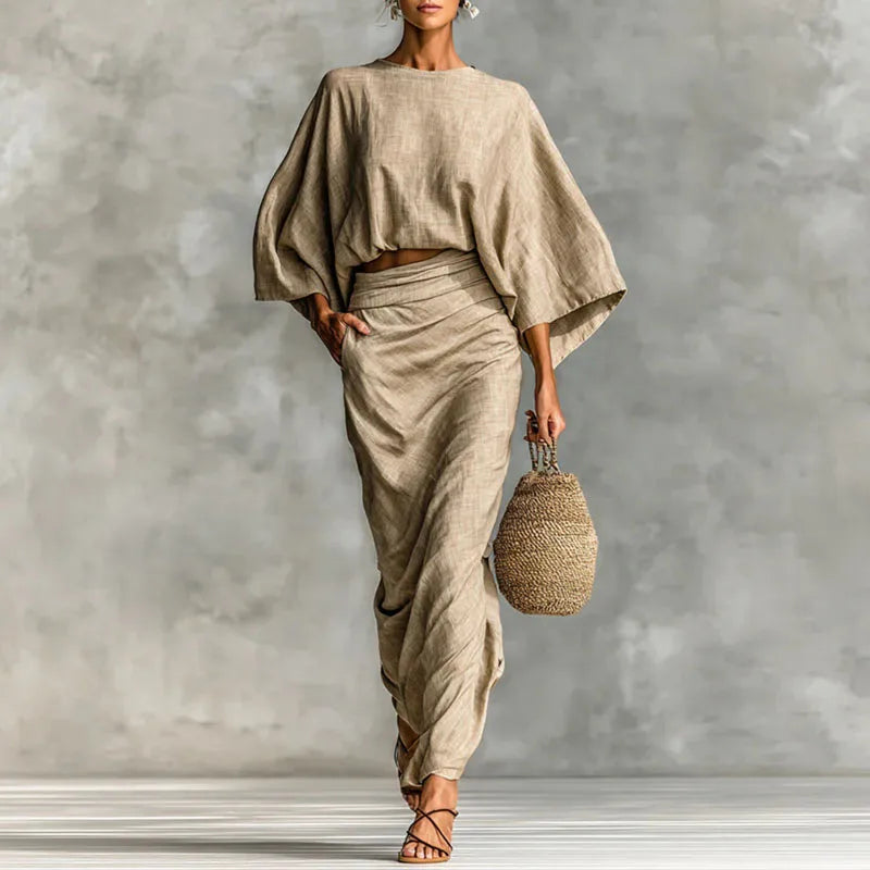 Crew Neck Batwing Sleeve Top And Pleated Skirt Suit Autumn Outfit Set