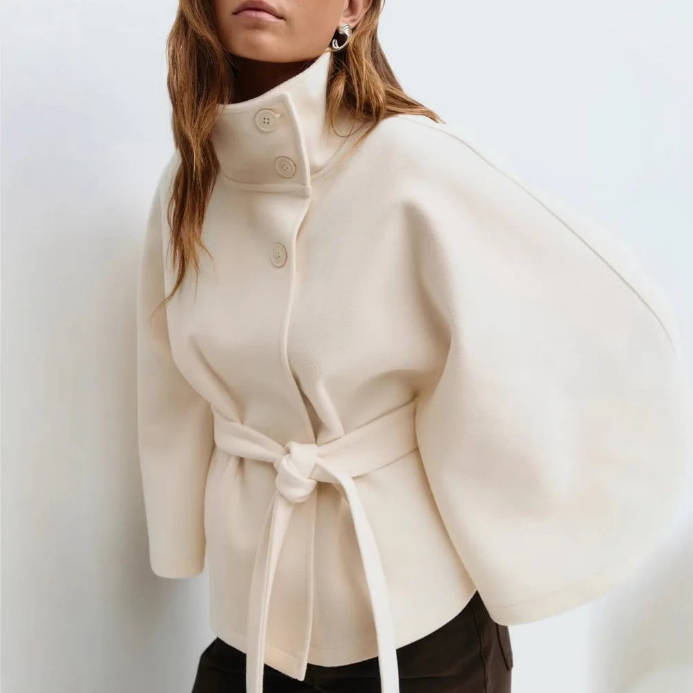 White Cape Stand Collar  Belted Coat