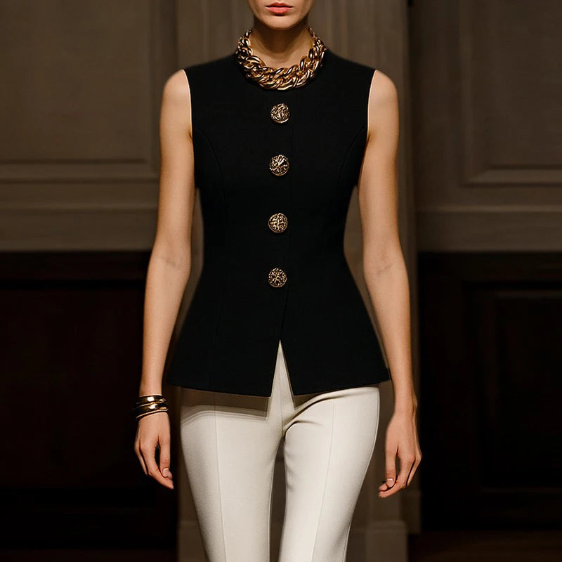 Buttoned Solid Color Sleeveless Shirt