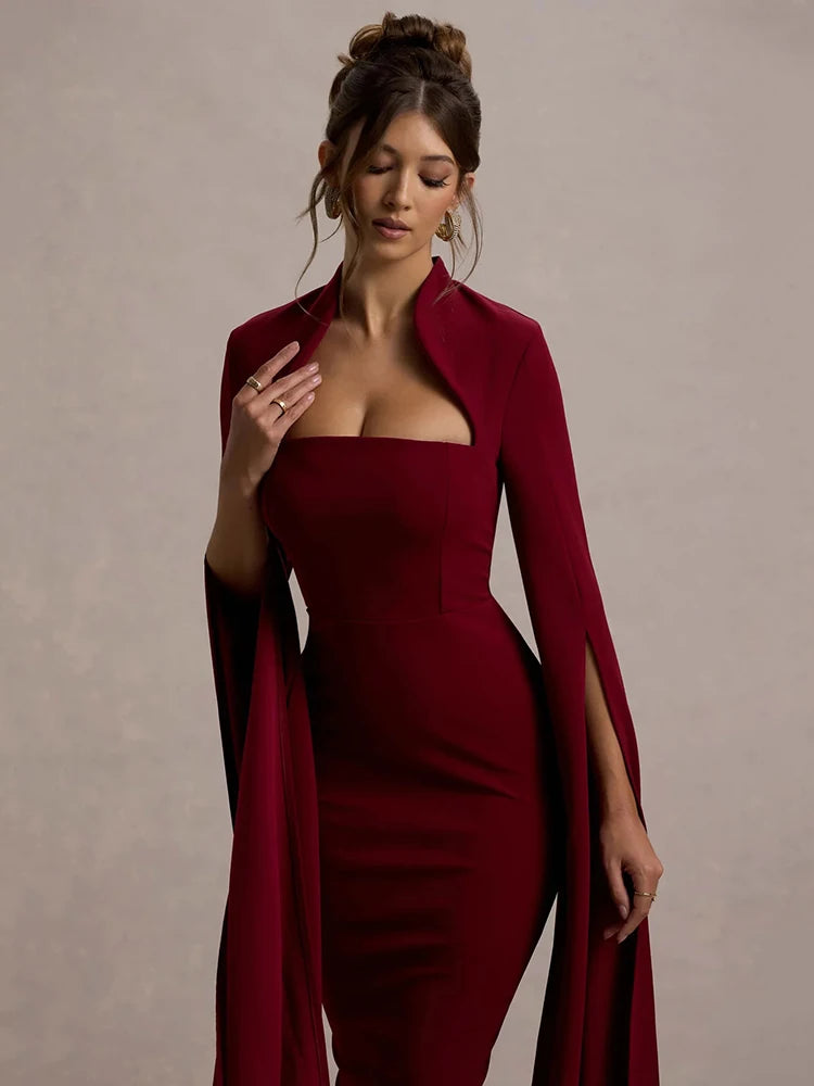 Cape Long Sleeve Midi Dress
