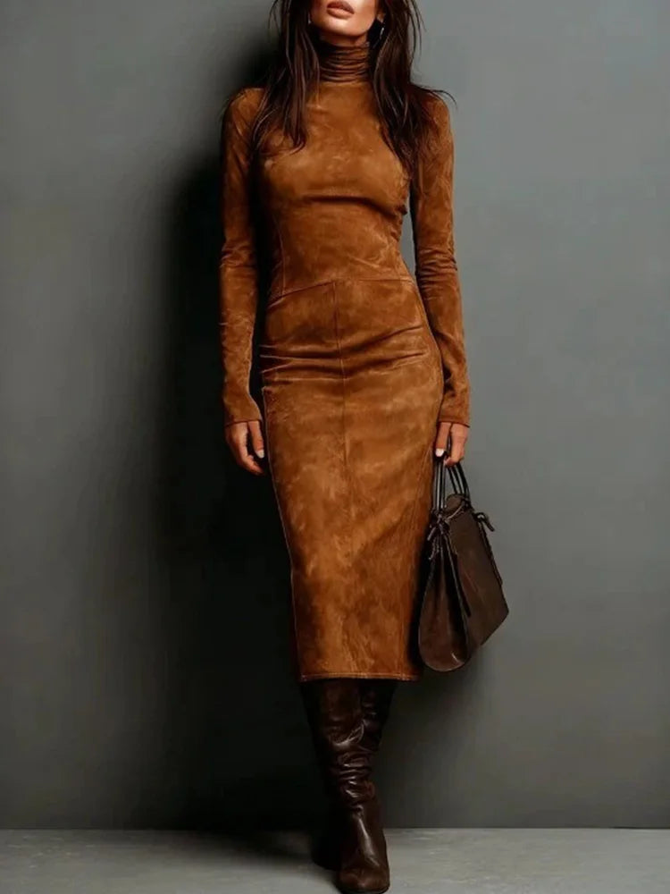Women's Faux Suede Turtleneck Long Sleeve Midi Dress