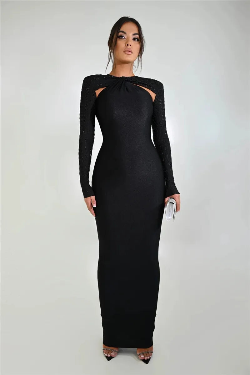Hollow Out Sparkle Long Sleeve Maxi Dress