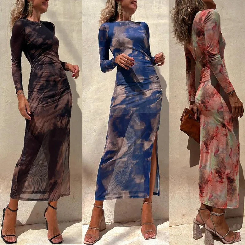 Tie Dye Printed Mesh Long Dress